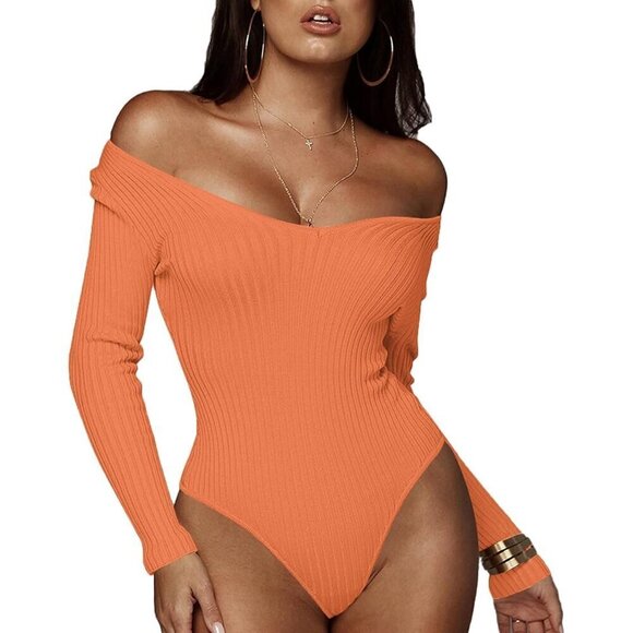 Long Sleeve Bodysuit Orange Sexy Fit Comfy Lightweight Layering Top Fall Winter - Picture 1 of 5
